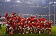 16 March 2019; The Wales team celebrate following the Guinness Six Nations Rugby Championship match between Wales and Ireland at the Principality Stadium in Cardiff, Wales. Photo by Ramsey Cardy/Sportsfile