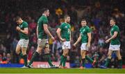 16 March 2019; Ireland players, from left, Garry Ringrose, James Ryan, Jack Carty, Jordan Larmour and Kieran Marmion during the Guinness Six Nations Rugby Championship match between Wales and Ireland at the Principality Stadium in Cardiff, Wales. Photo by Brendan Moran/Sportsfile