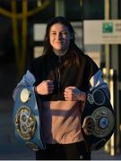 17 March 2019; Newly crowned WBA, IBF & WBO Female Lightweight World Champion Katie Taylor on her arrival at Dublin Airport. Taylor defeated Brazilian boxer Rose Volante in their unification bout at the Liacouras Center in Philadelphia, USA, on Friday, March 15. Photo by Stephen McCarthy/Sportsfile