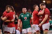 16 March 2019; Wales players, from left, Gareth Davies, Jonathan Davies and Alun Wyn Jones celebrate at the final whistle of the Guinness Six Nations Rugby Championship match between Wales and Ireland at the Principality Stadium in Cardiff, Wales. Photo by Ramsey Cardy/Sportsfile