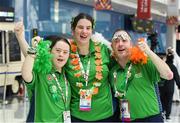 17 March 2019; Team Ireland Table Tennis Stars, from left, Fiodhna O'Leary, a member of the Blackrock Flyers Special Olympics Club, from Dublin 18, Co. Dublin, Aoife McMahon, a member of COPE Foundation, from Clonakilty, Co. Cork, and Francis Power, a member of the Navan Arch Club, from Navan, Co. Meath, relax as they enjoy St Patrick's Day on Day Three of the 2019 Special Olympics World Games in the Abu Dhabi National Exhibition Centre, Abu Dhabi, United Arab Emirates. Photo by Ray McManus/Sportsfile