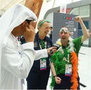 17 March 2019; Caroline Murray, Table Tennis Head Coach, and Team Ireland's Francis Power, a member of the Navan Arch Club, from Navan, Co. Meath, are interviewed by Mohomed Alhamed of the local AD Sports on  Day Three of the 2019 Special Olympics World Games in the Abu Dhabi National Exhibition Centre, Abu Dhabi, United Arab Emirates. Photo by Ray McManus/Sportsfile