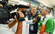 17 March 2019; Caroline Murray, Table Tennis Head Coach, and Team Ireland's Francis Power, a member of the Navan Arch Club, from Navan, Co. Meath, are interviewed by Mohomed Alhamed of the local AD Sports on  Day Three of the 2019 Special Olympics World Games in the Abu Dhabi National Exhibition Centre, Abu Dhabi, United Arab Emirates. Photo by Ray McManus/Sportsfile