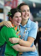 17 March 2019; Team Ireland's Aoife McMahon, a member of COPE Foundation, from Clonakilty, Co. Cork, left, and table tennis athletic services volunteer Sarah Hayes, from Rosscarbery, Cork, celebrate St. Patrick's day on Day Three of the 2019 Special Olympics World Games in the Abu Dhabi National Exhibition Centre, Abu Dhabi, United Arab Emirates. Photo by Ray McManus/Sportsfile