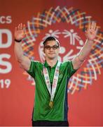 17 March 2019; Team Ireland's Patrick Quinlivan, a member of the Salto SOC from Letterkenny, Co. Donegal, after receiving the first of his seven medals for Artistic Gymnastics on Day Three of the 2019 Special Olympics World Games in the Abu Dhabi National Exhibition Centre, Abu Dhabi, United Arab Emirates. Photo by Ray McManus/Sportsfile