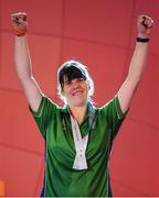 17 March 2019; Team Ireland's Kellie O'Donnell, a member of the Waterford SO Club, from Carrick-on-Suir, Co. Tipperary, after receiving a 4th place ribbon for Artistic Gymnastics on Day Three of the 2019 Special Olympics World Games in the Abu Dhabi National Exhibition Centre, Abu Dhabi, United Arab Emirates. Photo by Ray McManus/Sportsfile