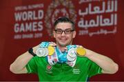 17 March 2019; Team Ireland's Patrick Quinlivan, a member of the Salto SOC from Letterkenny, Co. Donegal, who won seven medals, two Gold and five Silver, for Artistic Gymnastics on Day Three of the 2019 Special Olympics World Games in the Abu Dhabi National Exhibition Centre, Abu Dhabi, United Arab Emirates. Photo by Ray McManus/Sportsfile