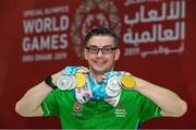 17 March 2019; Team Ireland's Patrick Quinlivan, a member of the Salto SOC from Letterkenny, Co. Donegal, who won seven medals, two Gold and five Silver, for Artistic Gymnastics on Day Three of the 2019 Special Olympics World Games in the Abu Dhabi National Exhibition Centre, Abu Dhabi, United Arab Emirates. Photo by Ray McManus/Sportsfile
