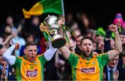 17 March 2019; Joint-captains Ciarán McGrath, left, and Micheál Lundy of Corofin lift The Andy Merrigan Cup following the AIB GAA Football All-Ireland Senior Club Championship Final match between Corofin and Dr Crokes at Croke Park in Dublin. Photo by Piaras Ó Mídheach/Sportsfile