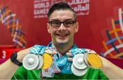 17 March 2019; Team Ireland's Patrick Quinlivan, a member of the Salto SOC from Letterkenny, Co. Donegal, who won seven medals, two Gold and five Silver, for Artistic Gymnastics on Day Three of the 2019 Special Olympics World Games in the Abu Dhabi National Exhibition Centre, Abu Dhabi, United Arab Emirates. Photo by Ray McManus/Sportsfile