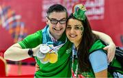 17 March 2019; Team Ireland volunteer Ann Marie Jennings, from Newry, with Team Ireland's Patrick Quinlivan, a member of the Salto SOC from Letterkenny, Co. Donegal, who won seven medals, two Gold and five Silver, for Artistic Gymnastics on Day Three of the 2019 Special Olympics World Games in the Abu Dhabi National Exhibition Centre, Abu Dhabi, United Arab Emirates. Photo by Ray McManus/Sportsfile