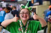 17 March 2019; Team Ireland's Eimear Gannon, a member of the South Dublin Special Olympics Sports Club, from Dublin 16, Co. Dublin, enjoys St Patrick's Day on Day Three of the 2019 Special Olympics World Games in the Abu Dhabi National Exhibition Centre, Abu Dhabi, United Arab Emirates. Photo by Ray McManus/Sportsfile