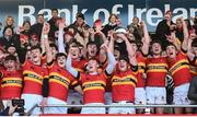 17 March 2019; Christian Brothers College captain Scott Buckley lifting the cup following the Clayton Hotels Munster Schools Senior Cup Final match between Christian Brothers College and Presentation Brothers College at Irish Independent Park in Cork. Photo by Eóin Noonan/Sportsfile