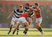 17 March 2019; Darragh McSweeney of Presentation Brothers College is tackled by Killian Coghlan, left, and Harry O'Riordan of Christian Brothers College during the Clayton Hotels Munster Schools Senior Cup Final match between Christian Brothers College and Presentation Brothers College at Irish Independent Park in Cork. Photo by Eóin Noonan/Sportsfile