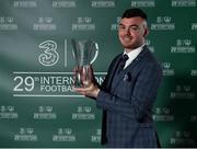 17 March 2019; Intermediate Player of the Year Darragh Reynor with his award during the Three FAI International Awards at RTE Studios in Donnybrook, Dublin. Photo by Seb Daly/Sportsfile