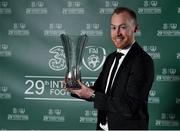 17 March 2019; SSE Airtricity League Player of the Year Chris Shields of Dundalk with his award during the Three FAI International Awards at RTE Studios in Donnybrook, Dublin. Photo by Seb Daly/Sportsfile