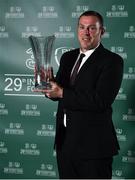 17 March 2019; Former Republic of Ireland International Richard Dunne with his Hall of Fame award during the Three FAI International Awards at RTE Studios in Donnybrook, Dublin. Photo by Seb Daly/Sportsfile