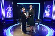 17 March 2019; Former Republic of Ireland women's goalkeeper Emma Byrne receives the Hall of Fame Award from Chairperson of the Women's Football Committee Niamh O'Donoghue during the Three FAI International Awards at RTE Studios in Donnybrook, Dublin. Photo by Stephen McCarthy/Sportsfile
