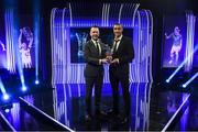 17 March 2019; Adam Idah receives the Men's U17 International Player of the Year award from Alan Peyton of Three during the Three FAI International Awards at RTE Studios in Donnybrook, Dublin. Photo by Stephen McCarthy/Sportsfile