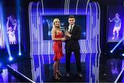 17 March 2019; Daire O'Connor of UCD receives the Colleges & Universities Player of the Year award from Emma Yourell of RUSTLERS during the Three FAI International Awards at RTE Studios in Donnybrook, Dublin. Photo by Stephen McCarthy/Sportsfile