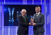 17 March 2019; Darragh Reynor of Maynooth University Town receives the Intermediate Player of the Year award from FAI Board Member Jim McConnell, Chairman of the Domestic Committee, during the Three FAI International Awards at RTE Studios in Donnybrook, Dublin. Photo by Stephen McCarthy/Sportsfile