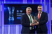 17 March 2019; Eoin Hayes of Newmarket Celtic receives the Junior International Player of the Year award from FAI Vice President Noel Fitzroy during the Three FAI International Awards at RTE Studios in Donnybrook, Dublin. Photo by Stephen McCarthy/Sportsfile