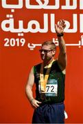 18 March 2019; Team Ireland's Alan Power, a member of the South Dublin Special Olympics Sports Club, from Wood Town, Knocklyon, Co Dublin, who won a Bronze medal, in the 5,000m race on Day Four of the 2019 Special Olympics World Games in the Dubai Police Officer's Club Stadium, Dubai, United Arab Emirates.  Photo by Ray McManus/Sportsfile