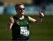 18 March 2019; Team Ireland's Alan Power, a member of the South Dublin Special Olympics Sports Club, from Wood Town, Knocklyon, Co. Dublin, celebrates winning a Bronze medal, in the 5,000m race, on Day Four of the 2019 Special Olympics World Games in the Dubai Police Officer's Club Stadium, Dubai, United Arab Emirates.  Photo by Ray McManus/Sportsfile