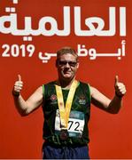 18 March 2019; Team Ireland's Alan Power, a member of the South Dublin Special Olympics Sports Club, from Wood Town, Knocklyon, Co Dublin, who won a Bronze medal, in the 5,000m race on Day Four of the 2019 Special Olympics World Games in the Dubai Police Officer's Club Stadium, Dubai, United Arab Emirates.  Photo by Ray McManus/Sportsfile
