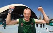 18 March 2019; Team Ireland's Brendan Maguire, a member of COPE Foundation,from Castlemartyr, Co. Cork, celebrates after winning a Silver Medal in the 400m on Day Four of the 2019 Special Olympics World Games in the Dubai Police Officer's Club Stadium, Dubai, United Arab Emirates.  Photo by Ray McManus/Sportsfile