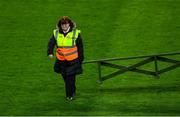 16 March 2019; Croke Park steward Sheelagh Burke carries in the bench after the team photos before the Allianz Football League Division 1 Round 6 match between Dublin and Tyrone at Croke Park in Dublin. Photo by Piaras Ó Mídheach/Sportsfile