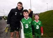 18 March 2019; Seamus Coleman meets Darragh, age 10, and Séan Threadgold, age 7, from Cabinteely, following a Republic of Ireland training session at the FAI National Training Centre in Abbotstown, Dublin. Photo by Stephen McCarthy/Sportsfile