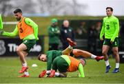 18 March 2019; James Collins is tackled by Jack Byrne during a Republic of Ireland training session at the FAI National Training Centre in Abbotstown, Dublin. Photo by Stephen McCarthy/Sportsfile