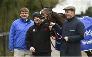 19 March 2019; Trainer Gordon Elliott, centre, with Peter Roe, Fairyhouse Racecourse, and Leon Blanch, Boylesports, with General Principle at the launch of the 2019 Boylesports Irish Grand National at Gordon Elliott's yard in Longwood, Co. Meath. Photo by Ramsey Cardy/Sportsfile