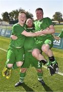 19 March 2019; Team Ireland's James Hunter, left, a member of Mallow Utd, from Mallow, Co. Cork, Team Ireland's Stephen Lee, centre, a member of the Cabra Lions Special Olympics Club, from Dublin 7, Co. Dublin, and Team Ireland's William McGrath, a member of Waterford SO Clubs, from Kilmacthomas, Co. Waterford, celebrate after beating SO Estonia 7-2 to take the Bronze medal place on Day Five of the 2019 Special Olympics World Games in Zayed Sports City, Airport Road, Abu Dhabi, United Arab Emirates. Photo by Ray McManus/Sportsfile