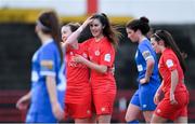 16 March 2019; Alex Kavanagh of Shelbourne, centre, celebrates scoring her sides's second goal with team-mate Rebecca Creagh during the Só Hotels Women's National League match between Shelbourne and Limerick at Tolka Park in Dublin. Photo by Piaras Ó Mídheach/Sportsfile