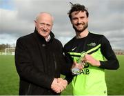 19 March 2019; Mikey Scott of TU Dublin Blanchardstown is presented the Man of the Match award by Michael Whelan of Rustlers during the RUSTLERS Third Level CUFL Men's Division One Final match between Technological University Blanchardstown and Technological University Tallaght at Athlone Town Stadium in Athlone, Co. Westmeath. Photo by Harry Murphy/Sportsfile