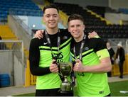 19 March 2019; TU Dublin Blanchardstown players Daniel O'Donovan, left, and Jamie Hollywood with the trophy following the RUSTLERS Third Level CUFL Men's Division One Final match between Technological University Blanchardstown and Technological University Tallaght at Athlone Town Stadium in Athlone, Co. Westmeath. Photo by Harry Murphy/Sportsfile