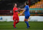 16 March 2019; Pearl Slattery of Shelbourne and Carys Johnson of Limerick shake hands after the Só Hotels Women's National League match between Shelbourne and Limerick at Tolka Park in Dublin.  Photo by Piaras Ó Mídheach/Sportsfile