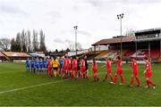 16 March 2019; Players and officials shake hands before the Só Hotels Women's National League match between Shelbourne and Limerick at Tolka Park in Dublin.  Photo by Piaras Ó Mídheach/Sportsfile
