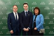 17 March 2019; Jason McClellend of UCD arrives with family members Des and Anne prior to the Three FAI International Awards at RTE Studios in Donnybrook, Dublin. Photo by Seb Daly/Sportsfile