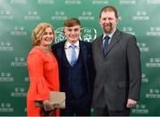 17 March 2019; Séamas Keogh arrives with family members Catherine and Jimmy Keogh prior to the Three FAI International Awards at RTE Studios in Donnybrook, Dublin. Photo by Seb Daly/Sportsfile