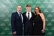 17 March 2019; Sami Clarke arrives with family members Eddie and Dawn prior to the Three FAI International Awards at RTE Studios in Donnybrook, Dublin. Photo by Seb Daly/Sportsfile
