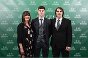 17 March 2019; Rory Doyle of Ireland U18s Schools arrives with family members Denise and Mike prior to the Three FAI International Awards at RTE Studios in Donnybrook, Dublin. Photo by Seb Daly/Sportsfile