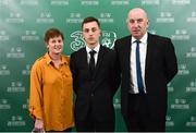 17 March 2019; Lee O'Connor arrives with family members Anne and Noel prior to the Three FAI International Awards at RTE Studios in Donnybrook, Dublin. Photo by Seb Daly/Sportsfile