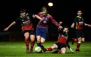 19 March 2019; Ed O'Dwyer of University Limerick in action against Jason Murphy, left, and Dean Kelly of IT Carlow  during the RUSTLERS Third Level CUFL Men's Premier Division Final Final match between Institute of Technology Carlow and University of Limerick at Athlone Town Stadium in Athlone, Co. Westmeath. Photo by Harry Murphy/Sportsfile