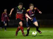 19 March 2019; Ed O'Dwyer of University Limerick in action against Jason Murphy of IT Carlow  during the RUSTLERS Third Level CUFL Men's Premier Division Final Final match between Institute of Technology Carlow and University of Limerick at Athlone Town Stadium in Athlone, Co. Westmeath. Photo by Harry Murphy/Sportsfile