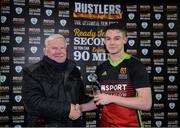 19 March 2019; CUFL Chairman Terry McAuley presents Shane Barnes of IT Carlow with the Man of the Match award following the RUSTLERS Third Level CUFL Men's Premier Division Final Final match between Institute of Technology Carlow and University of Limerick at Athlone Town Stadium in Athlone, Co. Westmeath. Photo by Harry Murphy/Sportsfile