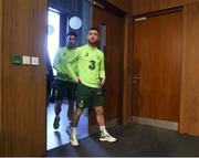 20 March 2019; Jack Byrne, right, and Sean Maguire arrive for a Republic of Ireland press conference at the FAI National Training Centre in Abbotstown, Dublin. Photo by Stephen McCarthy/Sportsfile