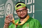 20 March 2019; Team Ireland's Omer Teko, a member of United Warriors Special Olympics Club, from Dublin 12, Co. Dublin, after the presentation to Team Ireland seven a-side squad who collected their Bronze Medals on Day Six of the 2019 Special Olympics World Games in Zayed Sports City, Airport Road, Abu Dhabi, United Arab Emirates. Photo by Ray McManus/Sportsfile